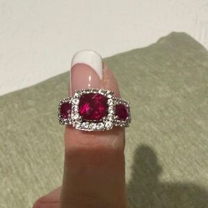Ruby-Red Cushion Halo Statement Ring - Women Jewelry